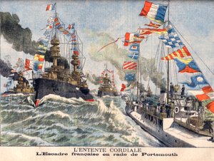 Sydämellinen entente. Englannin laivastolentue Portsmouthin satamassa. Sydämellinen entente. French Wing Portsmouthissa. Kuvitus Le Petit Journalille tekijältä French School