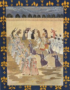 The Cortege of Aladdin, kuvitus Aladdinille, Arabian Nights, 1895 (värikaiverrus) tekijältä French School