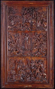 Credo, paneeli I: Maailman luominen, kirkastus, ilmestys ja syntymä, 1587 (puu) (katso myös 414037-9) tekijältä French School