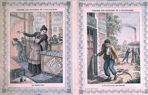 Alkoholismin vaarat, koulun harjoituskirjan kansi. noin 1900 (väri litho) tekijältä French School