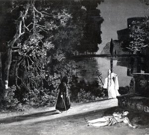 Pelleasin kuolema, IV näytös, Debussyn Pelleas et Melisande 4. kohtaus valokuvasta Pariisin Opera-Comiquen oopperan ensimmäisestä tuotannosta huhtikuussa 1902, kuvitus Theater m:ssä tekijältä French School