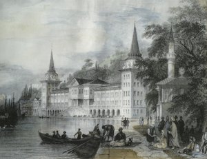 Dolmabahcen palatsi Bosporinsalmella, 1840 (värikaiverrus) tekijältä French School