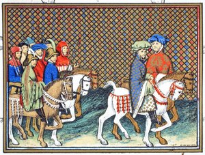 Richard II lähetti Exeterin ja Surreyn herttuat Conwayn linnasta Chesteriin hoitamaan Lancasterin herttua, faksikopio Jean Cretonin Le Prinse et Mort du Roy Richartista, uusintapainos 19. tekijältä French School
