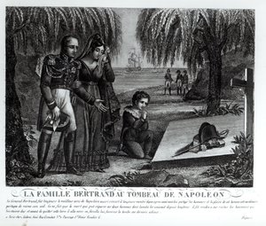 Kenraali Henri-Gratien Bertrandin (1773-1844) perhe Napoleon Bonaparten (1769-1821) haudalla 1821 (litho) (bw kuva)
