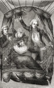 Ensimmäinen ilmapallon nousu Englannissa, 15. syyskuuta 1784, Fulgence Marionin teoksesta Wonderful Balloon Ascents or the Conquest of the Skies, julkaistu n. 1870 (litho) tekijältä French School