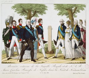 Ensimmäinen tapaaminen Louis XVIII:n (1755-1824) ja Bourbonin Marie-Caroline-Ferdinanden (1798-1870) välillä Croix de St. Herem -kadulla Fontainebleaun metsässä, 15. kesäkuuta 1816, 1816-30 (värillinen engr) tekijältä French School