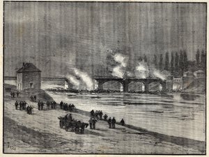 Ranskan ja Preussin sota - Pariisin puolustaminen - Asnieresin silta polttava - Asnieresin sillan tulipalo Pariisin piirityksen (puolustuksen) aikana. Kaiverrus "" Les combatants de 1870-71" - komentaja Leonce Rousset (1850-) 1938) - Ranskan Preussin sota  tekijältä French School