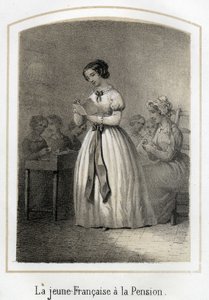 Ranskalainen tyttö lukee luokkatovereilleen. Anonyymi kaiverrus 1800-luvulta tekijältä French School