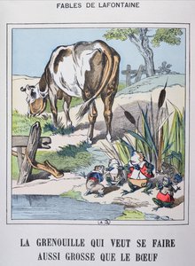 Sammakko ja härkä, teoksesta Fables de La Fontaine (värikaiverrus) tekijältä French School