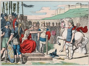 Gallialainen kokki Vercingetorix (80-46 eKr.) menossa Jules Cesarille (100-44 eKr.) Alesiaan vuonna 52 eKr. - Vercingetorix (72-46 eKr.) gallialainen johtaja, antautumassa Caesarille Alesiassa (Ranska) - Kaiverrus vuoden lopusta 1800-luvulla "" Nos Gires N tekijältä French School