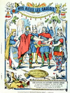 Gallialaiset johtajat liitossa Julius Caesaria (100–44 eKr.) vastaan, jota johti Vercingetorix (k.46 eKr.) koulukirjojen suojaholkista, 1800-luvun loppu tekijältä French School