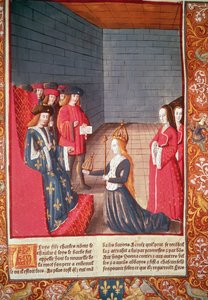 Pyhän Rooman keisarinna Richilde Provencesta Compiegnessa esittelemässä Ludvig Stammererille kruunun ja valtikka, jotka olivat kuuluneet hänen isälleen Charles II:lle "kalju", A. Verardin painamasta Chroniques de Francesta. tekijältä French School