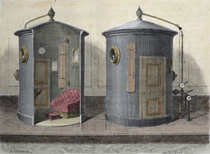 Paul Bertin (1833-1887) fysiologi ja ranskalainen poliitikko Hyperbaric kammio. Kaiverrus vuodelta 1855. tekijältä French School
