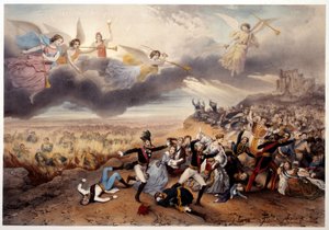 Jumalan tuomio Apokalypsin enkelit soittavat trumpetteja ja julistavat viimeisen tuomion ennen kuin hallitsijat ja muut Ranskan historian päähenkilöt, Napoleon I ja vanhan vallan edustajat palavat helvetin liekeissä. Kuvitus tehty tekijältä French School