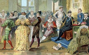 Ranskan kuningas Henrik III (1551-1589) ympäröi söpöjäänsä. 1800-luvun lopun kromolitografia tekijältä French School
