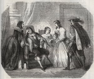 Ranskan kuningas Ludvig XIII (1601-1643) saa migreenin puhuessaan Itävallan kuningatar Annelle (1601-1666). Kaiverrus vuodelta 1871 Henry de Kockin (1819-1892) teokseen "Histoire Des Cocus Celebres". tekijältä French School