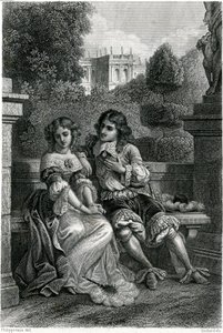 Ranskan kuningas Ludvig XIV Mademoiselle de la Vallièren ritarillisessa seurassa tekijältä French School