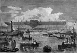 "Leviathan" (Great Eastern), ensimmäinen jättiläinen laiva, hänen yrityksensä laukaista vesille vuonna 1857. Kaiverrus "" Le Monde Illustré" -julkaisussa nro 31, 14. marraskuuta 1857. tekijältä French School