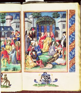 Taikapuutarha, jossa on allegorisia hahmoja rikkaudesta, kohteliaisuudesta, liberaalisuudesta, kauneudesta, rakkaudesta, avoimuudesta ja nuoruudesta, Roman de la Rosesta (guassi pergamentilla) tekijältä French School