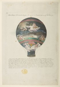 Montgolfier-ilmapallo, jossa on "kunniakkaita klassisia viittauksia", Machine Aerostatique de 126 pt de haut sur 100pt de large (värillinen kaiverrus) tekijältä French School