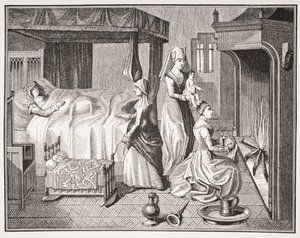 Vastasyntynyt lapsi, 1400-luvun pienoiskuvan mukaan teoksessa "Histoire de la Belle Helaine", Paul Lacroix