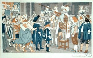 Nenäpuhe Hotel de Bourgognessa, kuvitus Edmond Rostandin (1868-1918) teoksesta "Cyrano de Bergerac" n. 1905 (värilitho) tekijältä French School