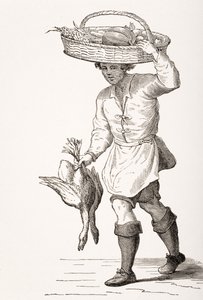 Siipikarjakauppias, Cesare Vecellion (1521-1601) 1500-luvun puupiirros Paul Lacroixin (1806-84) teoksesta "Le Moyen Age et La Renaissance", julkaistu 1847