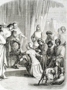 Englannin kuningatar (Philippa de Hainaut) pyytää kiitoksia aviomiehelleen Edward III:lle Calais