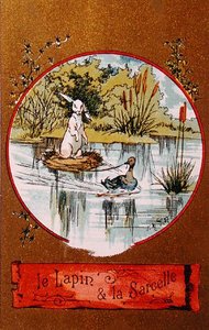 Kani ja sinivihreä, kuvitettu kortti, joka kuvaa Jean de la Fontainen (1621-95) satua n. 1880 tekijältä French School