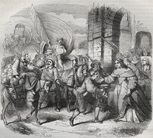 Gonessen paluu, Fronden jakso: "Pariisin nainen" toivottaa tervetulleeksi "Aubervilliersin rouvan" ja "Nouricier Gonessen", jotka tulivat toimittamaan häntä. Kaiverrus frondeuse 1649 - kaiverrus "Paris a travers les siecles" H. Gourdon de Genouillac tekijältä French School