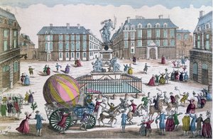 Paluu 2. joulukuuta 1783 Jacques Charlesin (1746-1823) ja Nicholas Robertin (1761-1828) ilmapallon Place des Victoires -pajaan tekijältä French School