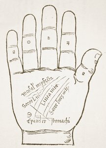 Oikea käsi, päälinjat, kopio Ioannes ab Indaginen piirroksesta Chiromantiasta, 1531, käytetty Taikuuden historiassa, julkaistu 1800-luvun lopulla. tekijältä French School