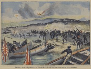 Venäjän ja Japanin sota: japanilaisten joukkojen laskeutumisyritys torjuttiin (väri litho) tekijältä French School