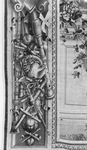 The Seasons kuvakudos, reunus, musiikki-instrumentit, n.1670, Gobelins Factory (yksityiskohta) tekijältä French School
