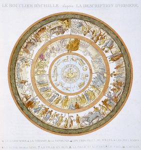 Akhilleuksen kilpi, kuvauksen mukaan Homeroksen Iliaksessa, 1815 (käsinvärinen kaiverrus)