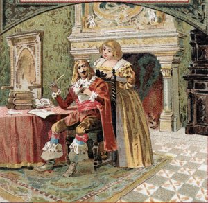 Beringhenin herra ja rouva du Fargis tekivät juonittelua Richelieua vastaan (Armand Jean du Plessis, Richelieun kardinaali (1585-1642), Ludvig XIII:n ministeri Azay-le-Rideaun linnassa (Azay le Rideau) (Indre-et- Loire). 19. päivän lopun kromolitografia tekijältä French School