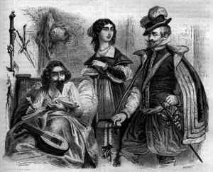 Espanjalainen kirjailija Miguel de Cervantes Saavedra (1547-1616) ympäröi kotonaan vuonna 1614 vaimoaan ja Lemosin kreiviä. Kaiverrus vuodelta 1852. tekijältä French School