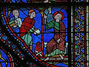 St James Window: Almongenes (Hermogines) polttaa kirjansa (w5) tekijältä French School