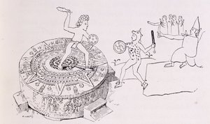 Temalacati eli gladiaattorikivi Codex Ramirezista, "Uuden maailman muinaisista kaupungeista", kirjoittanut Claude-Joseph-Desire Charney, pub. 1887 tekijältä French School