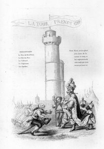 Torni on varovainen. Eversti, jolla on ase, tulee alas kuninkaan luo, jota seuraa sivuja. Kaiverrus "" Chants et chansons populaire de la France"", Tome 2 tekijältä French School