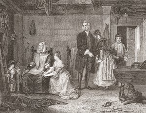 Wakefieldin kirkkoherra sovittaa vaimonsa Olivian kanssa Gilbert Stuart Newtonin maalauksen jälkeen. Histoire des Peintres, École Anglaise, julkaistu 1867 (litho) tekijältä French School