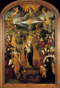 Neitsyt vehnän kanssa Kuningas Ludvig XII (1462-1515) ja paavi Aleksanteri VI (1431-1503) ovat paikalla. Maapalloa pitelevä Kaikkivaltias Jumala siunasi kohtauksen samalla kun Pyhä Henki suojeli Neitsyttä ja lasta. 1500-luvun ranskalaisen koulun puumaalaus tekijältä French School