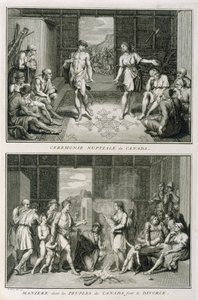 Hääseremonia ja avioero Kanadassa, kuvitus uskonnollisista seremonioista ja tavoista, kaiverrus Bernard Picart (1673-1733) 1723 tekijältä French School