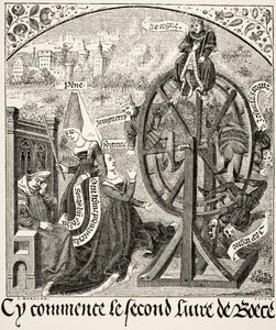 Paul Lacroixin (1806-84) The Wheel of Fortune, teoksesta Tiede ja kirjallisuus keskiajalla, julkaisi Lontoossa 1878 tekijältä French School