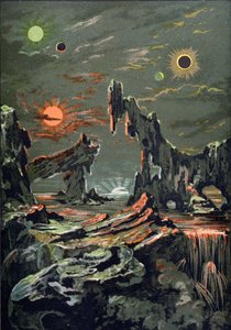 Neljän kuun ja neljän auringon maailma, kuvitus Astronomie Populairesta, kirjoittanut Camille Flammarion (1842-1925) 1881 tekijältä French School
