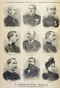 Zola Affair: muotokuvia tärkeimmistä todistajista, kuva Le Petit Journalin kuvitetusta liitteestä, 27. helmikuuta 1898 (litho) tekijältä French School