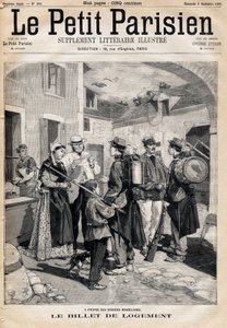 Majoituslippu, joka oikeuttaa sänkyyn ja kynttilään, jaetaan sotilaille harjoitusten ja suurten liikkeiden jälkeen. Yksi sanomalehdestä "Le petit Parisien" 3.9.1893 (kaiverrus) tekijältä French School
