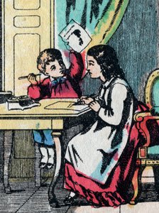 Toimintaa hyvien perheiden tytöille: pikkuveljen auttaminen läksyissä - Epinal kuva - 1800-luku (kaiverrus) tekijältä French School