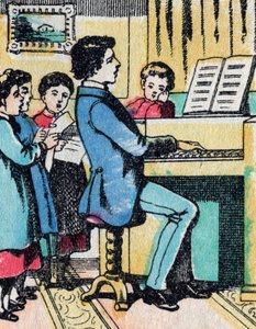 Toimintaa hyvien perheiden tytöille: musiikin oppiminen - Epinal-kuva - 1800-luku (kaiverrus) tekijältä French School