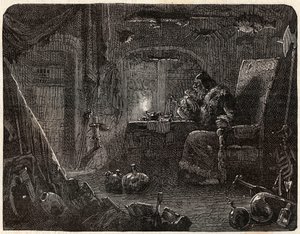 Alkemisti, joka on luvannut tehdä kultaa, työskentelee laboratoriossaan: Alkemisti 1600-luvulla - Nicolas Jules Henri Gourdon de Kennouillacin (1826-1898) "Paris a travers les cules" -kirjassa. tekijältä French School